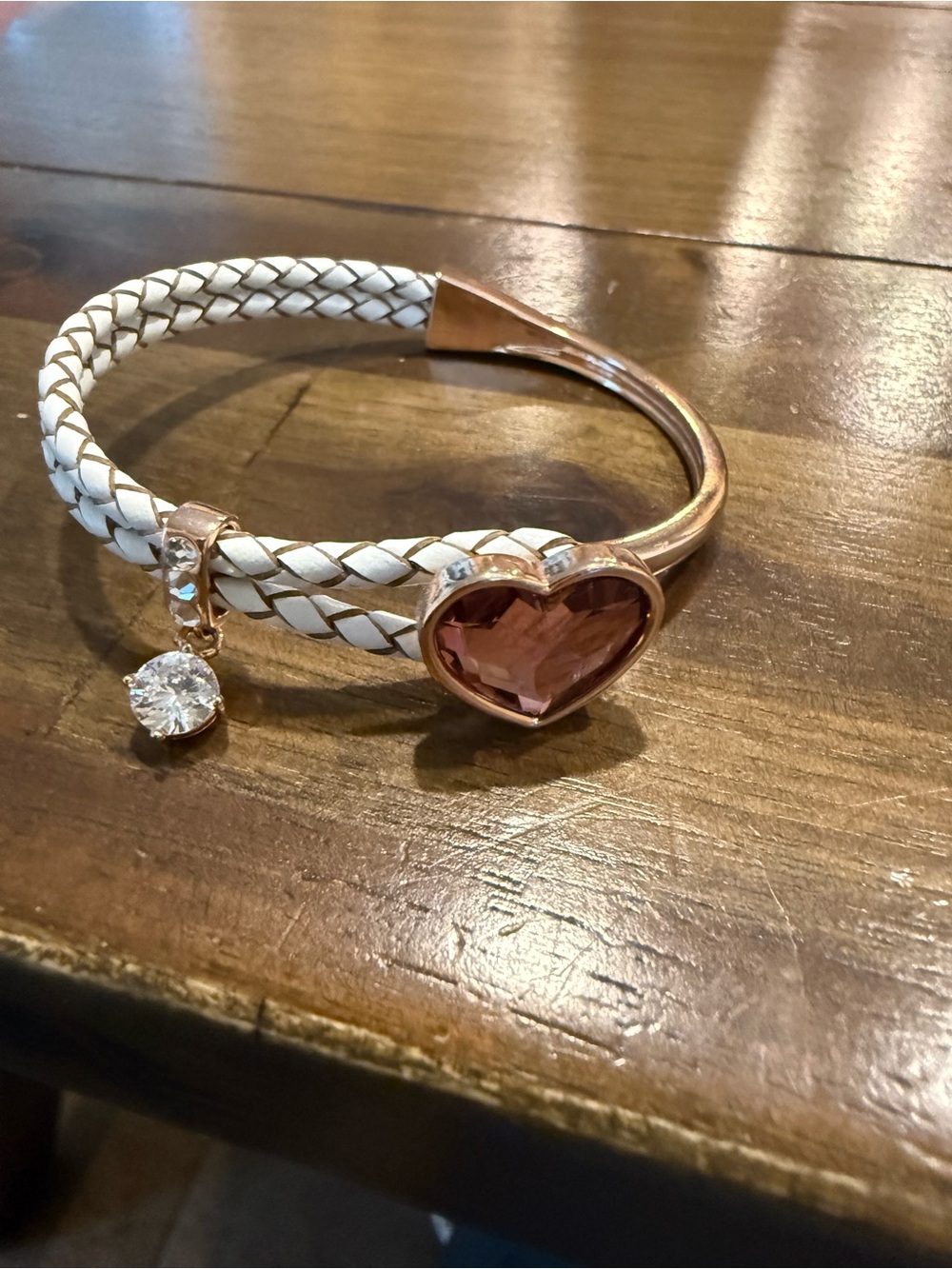 Women's White Braided Bracelet with Pink Heart Charm and Crystal Dangle